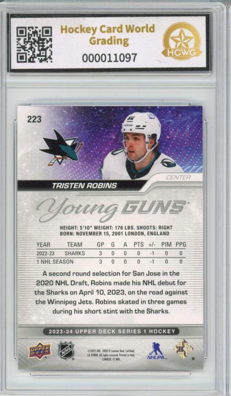 2023-24 Upper Deck #223 Tristen Robins Young Guns YG Graded Mint HCWG 9 Image 2