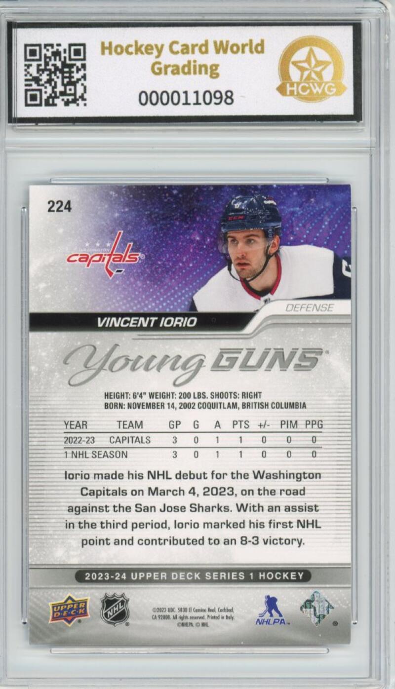 2023-24 Upper Deck #224 Vincent Iorio Young Guns YG Graded Mint HCWG 9 Image 2