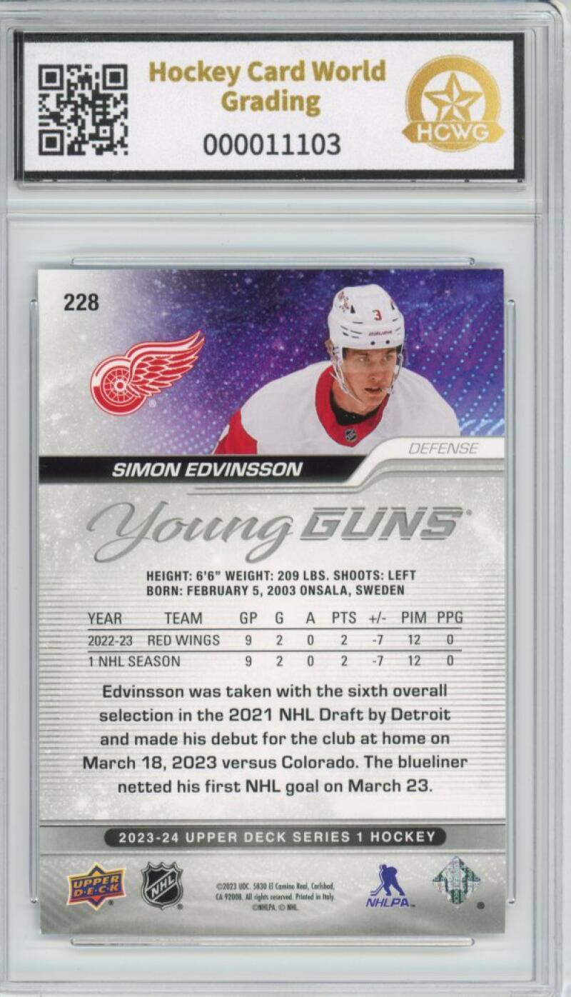 2023-24 Upper Deck #228 Simon Edvinsson Young Guns YG Graded Mint HCWG 9 Image 2