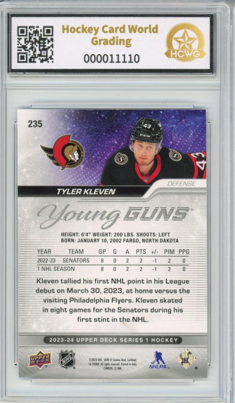 2023-24 Upper Deck #235 Tyler Kleven Young Guns YG Graded Mint HCWG 9 Image 2