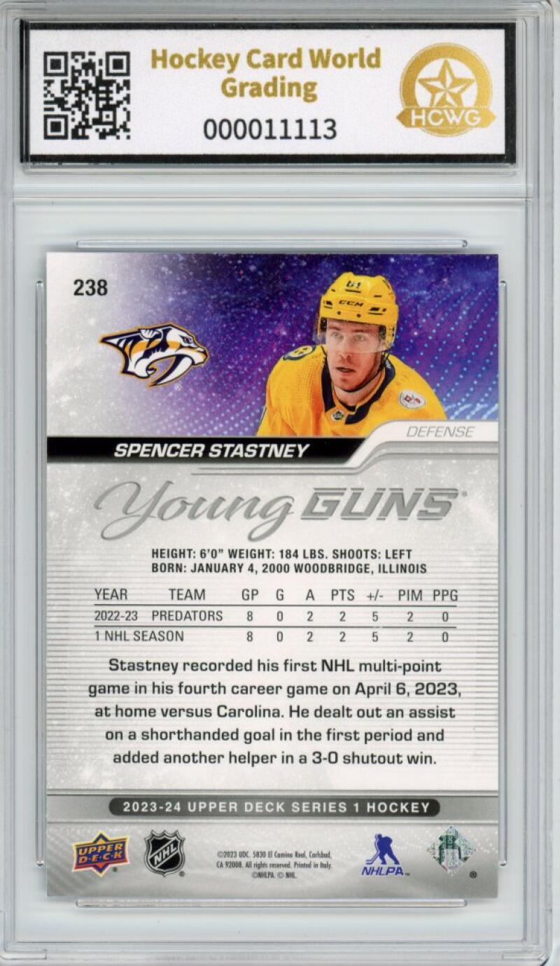 2023-24 Upper Deck #238 Spencer Statstney Young Guns YG Graded Mint HCWG 9 Image 2