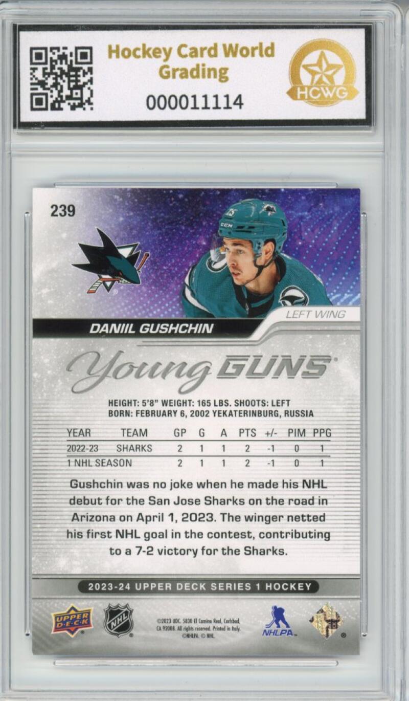 2023-24 Upper Deck #239 Danil Gushchin Young Guns YG Graded Mint HCWG 9 Image 2