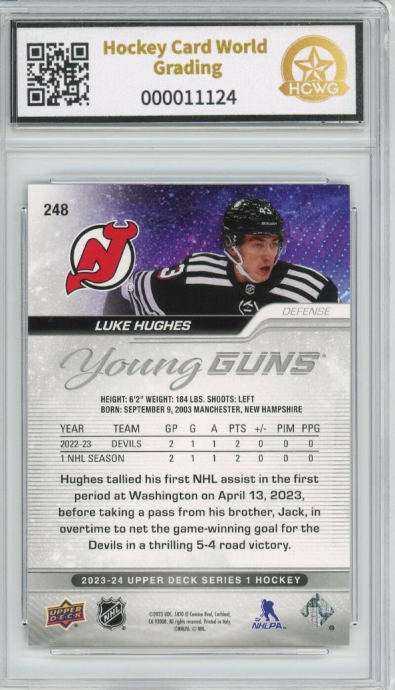 2023-24 Upper Deck #248 Luke Hughes Young Guns YG Graded Mint HCWG 9 Image 2