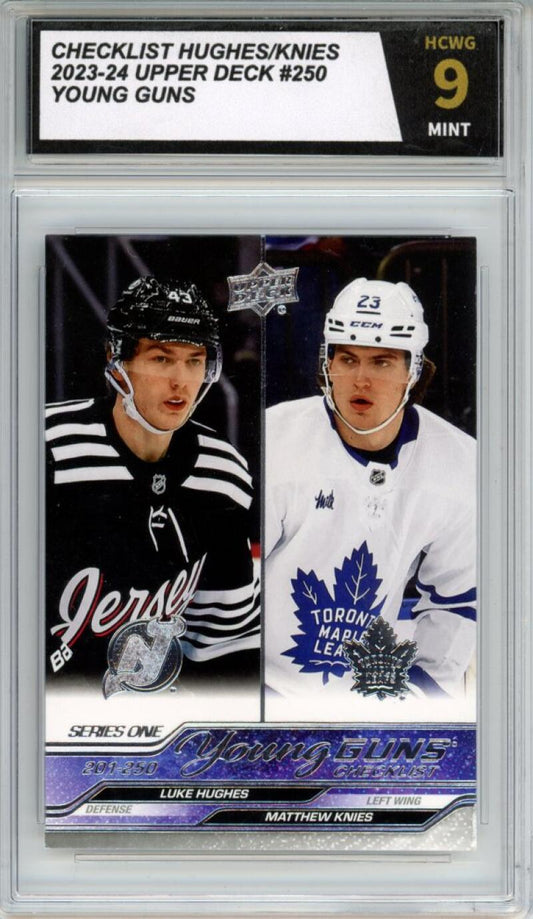 2023-24 Upper Deck #250 Checklist Hughes-Knies Young Guns YG Graded Mint HCWG 9 Image 1
