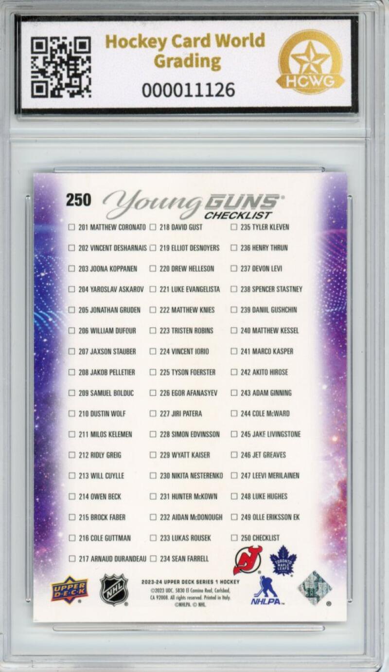2023-24 Upper Deck #250 Checklist Hughes-Knies Young Guns YG Graded Mint HCWG 9 Image 2