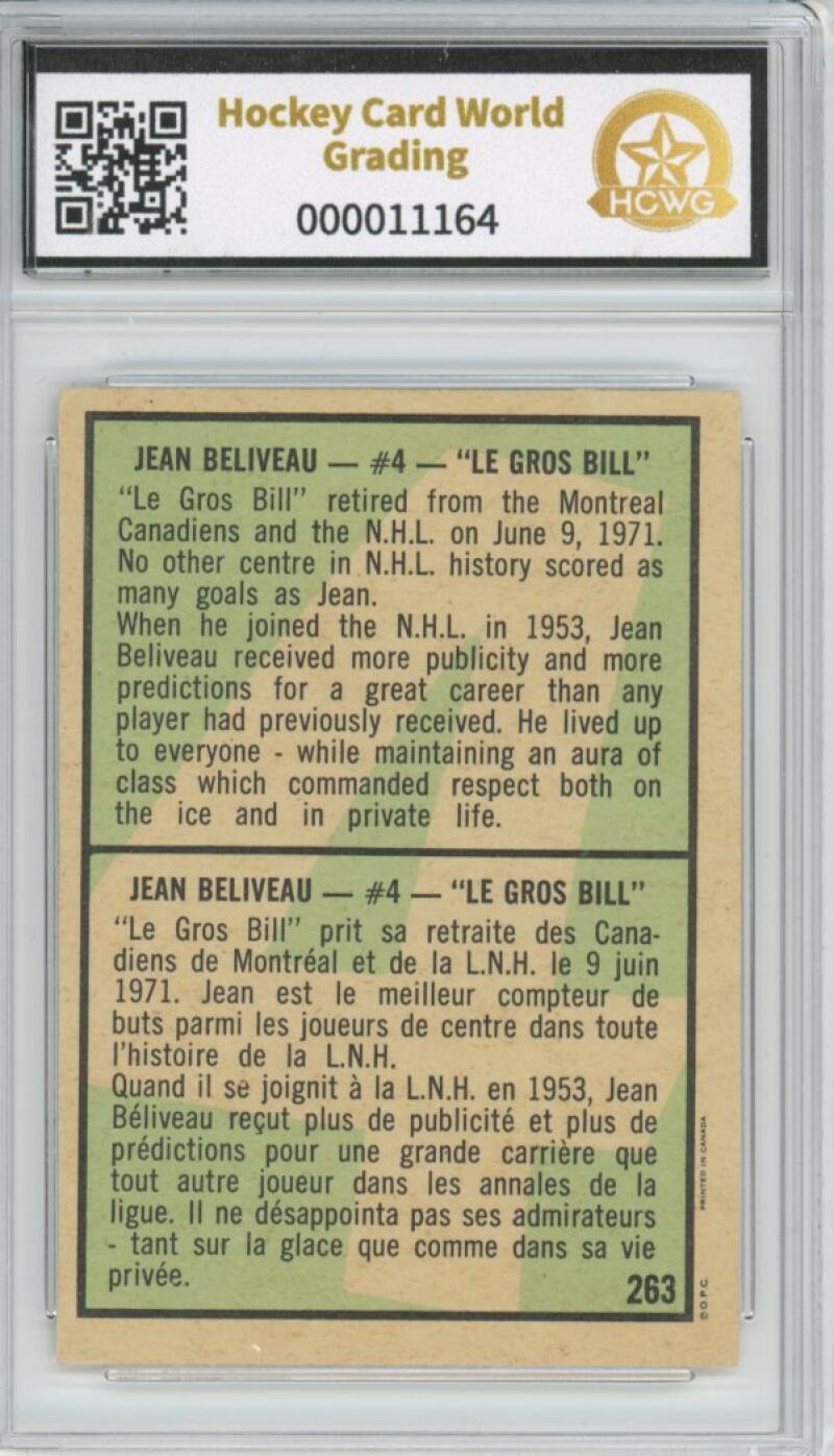 1970-71 O-Pee-Chee #263 Jean Beliveau Hockey Card Vintage Graded HCWG 5 Image 2