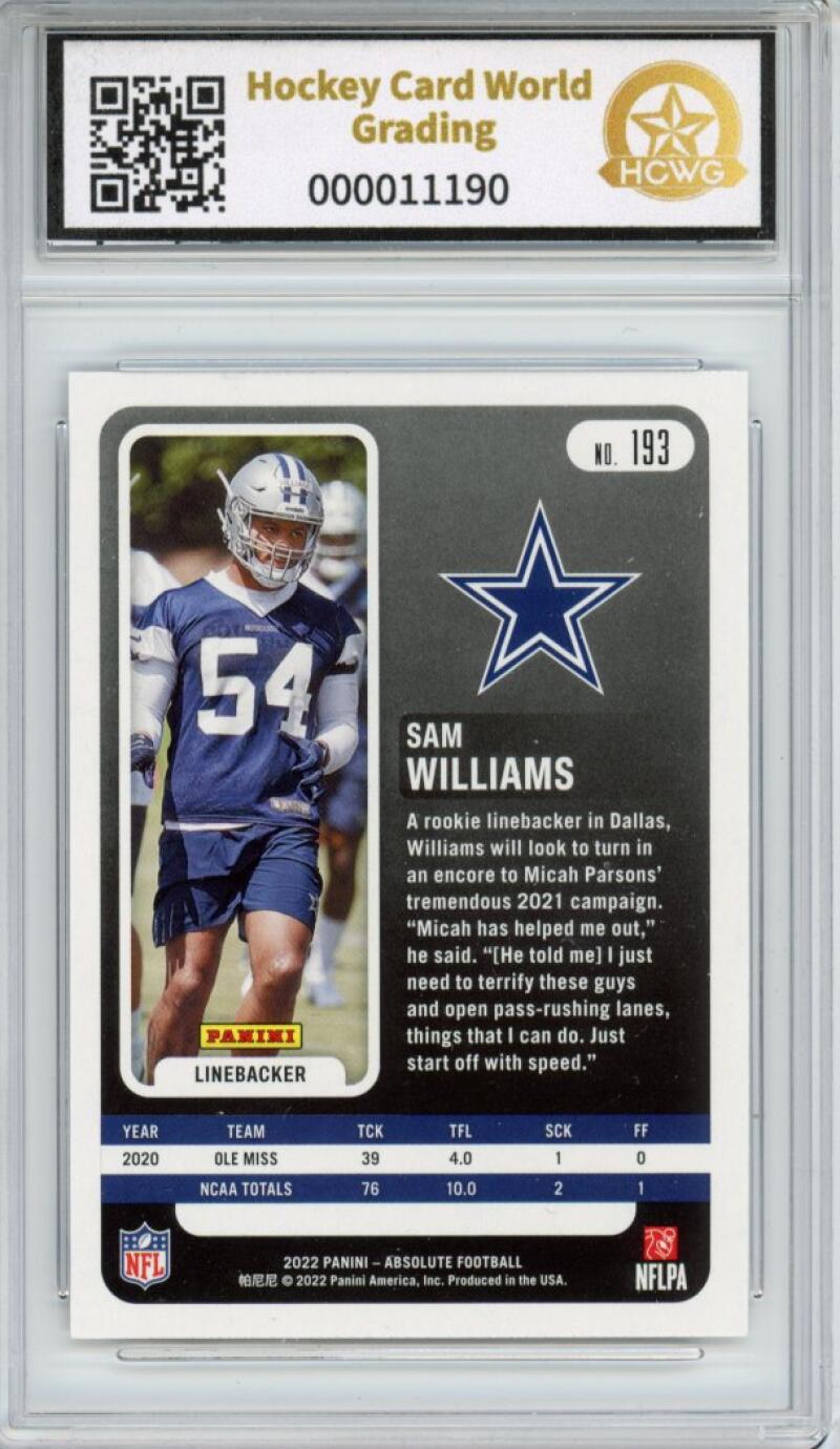 2022 Panini Absolute #193 Sam Williams Rookie Football Mint Graded HCWG 9 Image 2