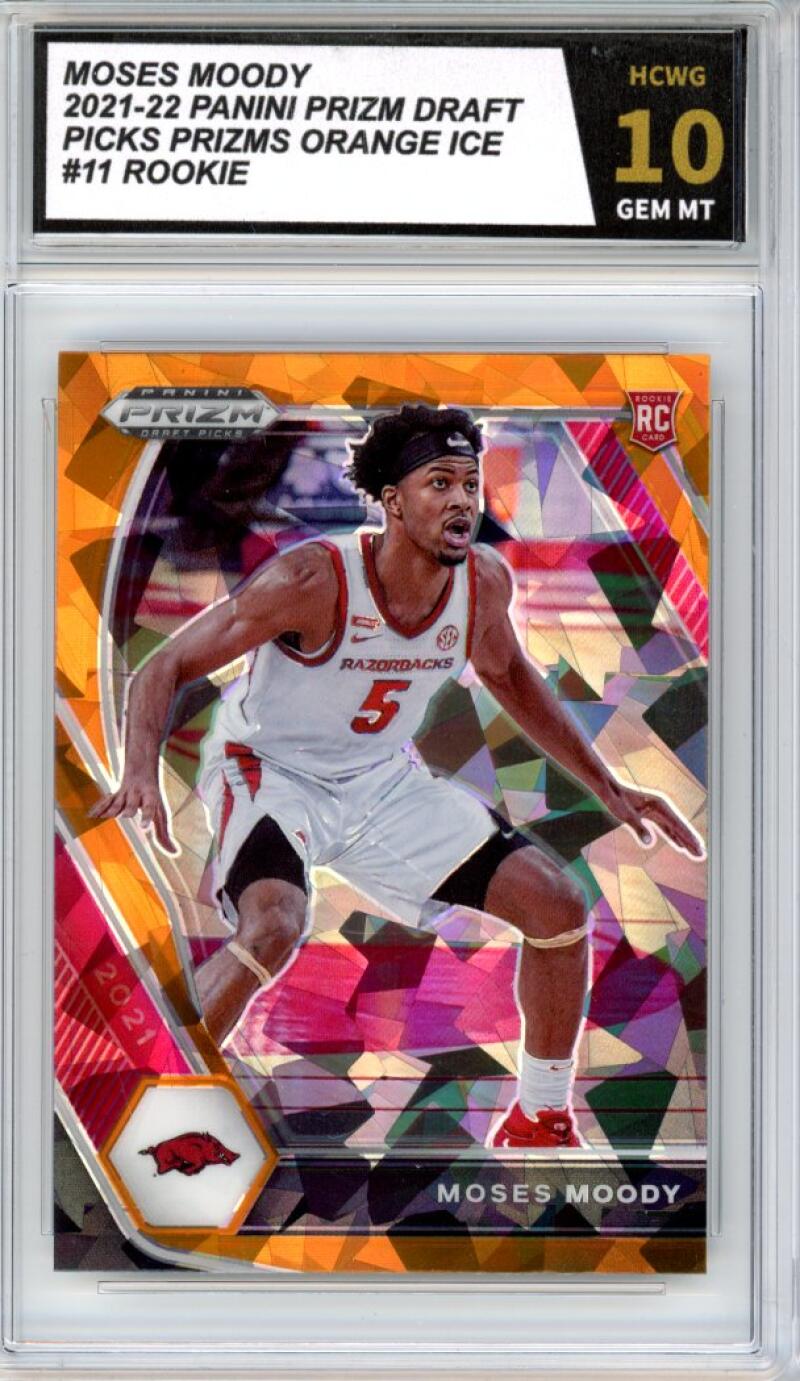 2021-22 Panini Prizm Draft Picks Orange Ice #11 Moses Moody Rookie Gem Mint HCWG 10 Image 1