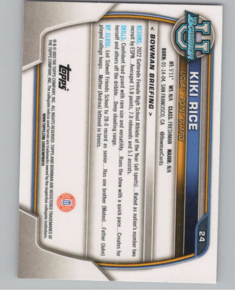 2022-23 Bowman University Chrome Refractor Pink #24 Kiki Rice  V98119 Image 2