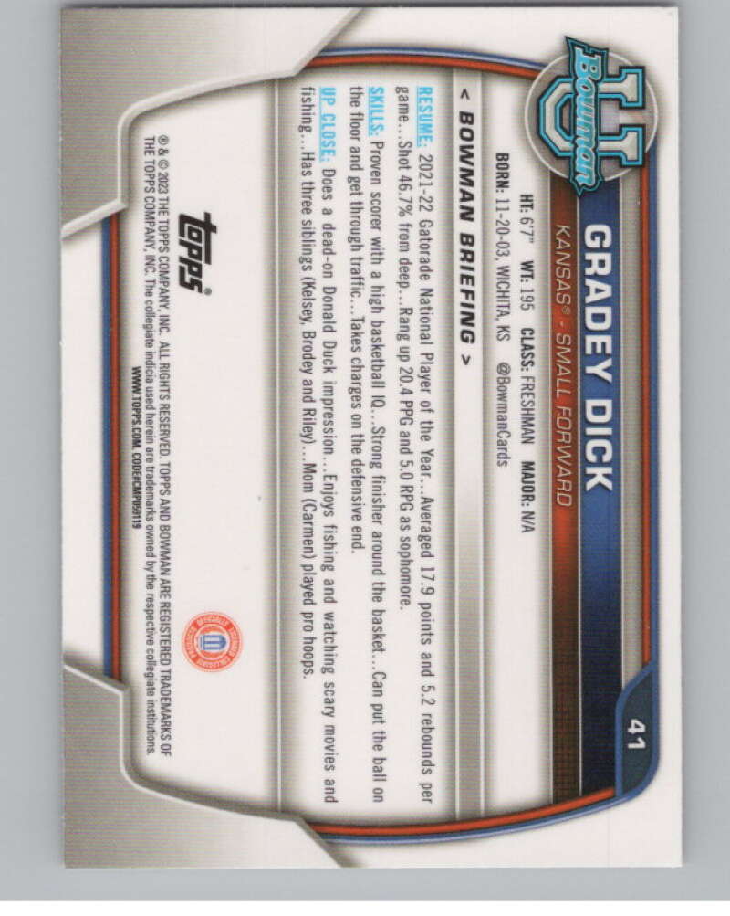 2022-23 Bowman University Chrome Refractor Pink #41 Gradey Dick  V98121 Image 2