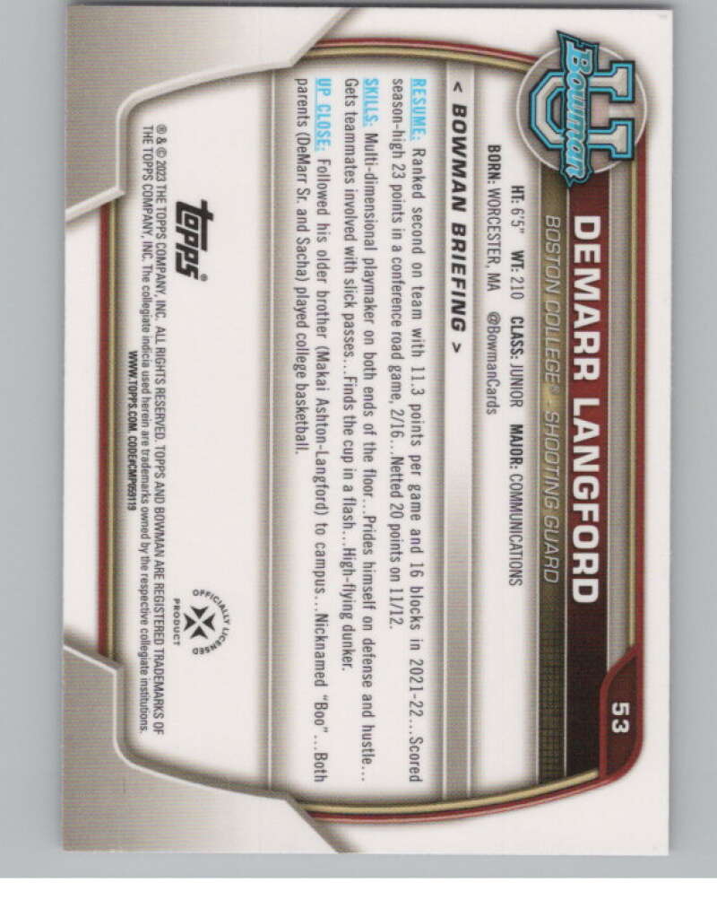 2022-23 Bowman University Chrome Refractor Pink #53 Demarr Langford  V98122 Image 2