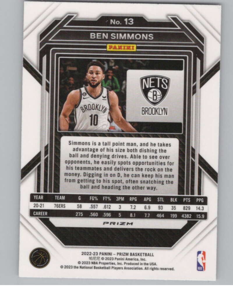 2022-23 Panini Prizm Prizms Pink Ice #13 Ben Simmons  V98136 Image 2