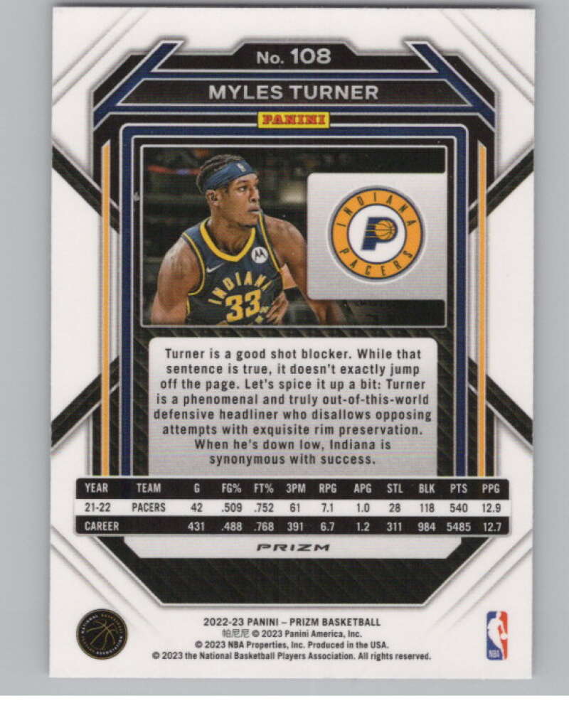 2022-23 Panini Prizm Prizms Pink Ice #108 Myles Turner  V98143 Image 2
