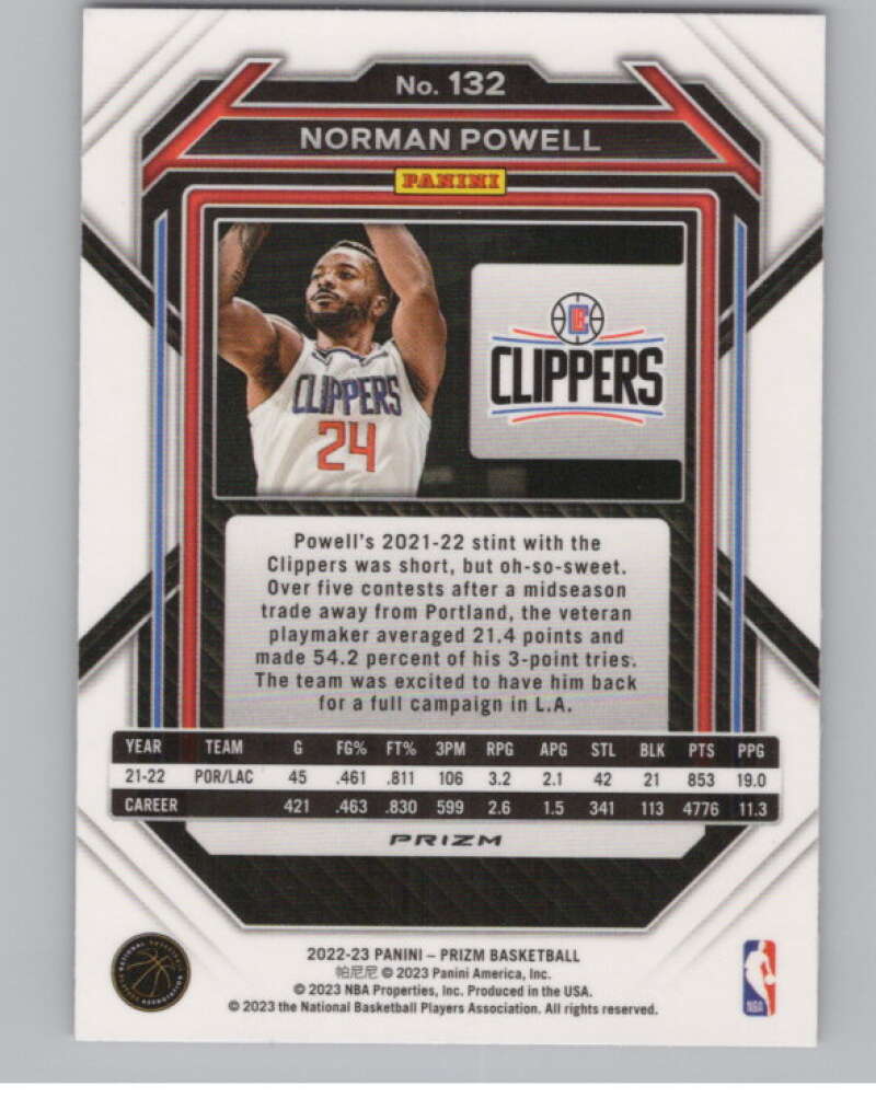 2022-23 Panini Prizm Prizms Pink Ice #132 Norman Powell  V98145 Image 2