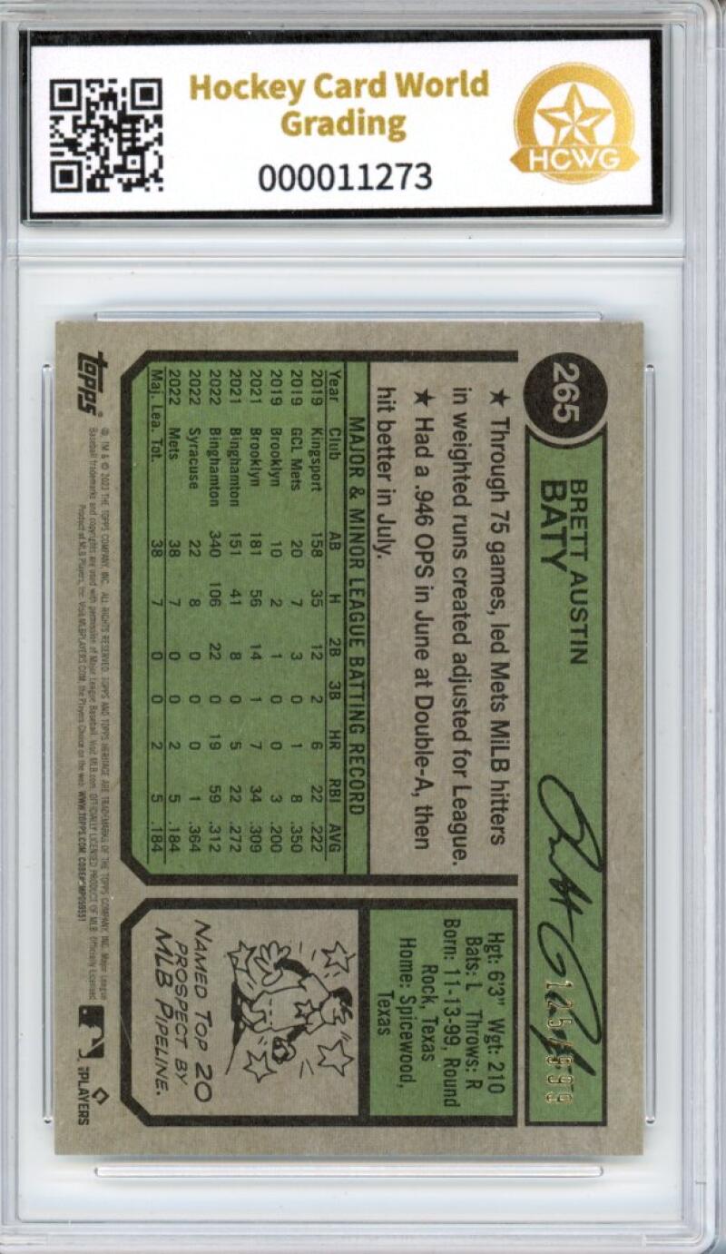 2022 Topps Heritage Chrome #265 Brett Baty 125/999 Rookie RC Graded HCWG 8 Image 2