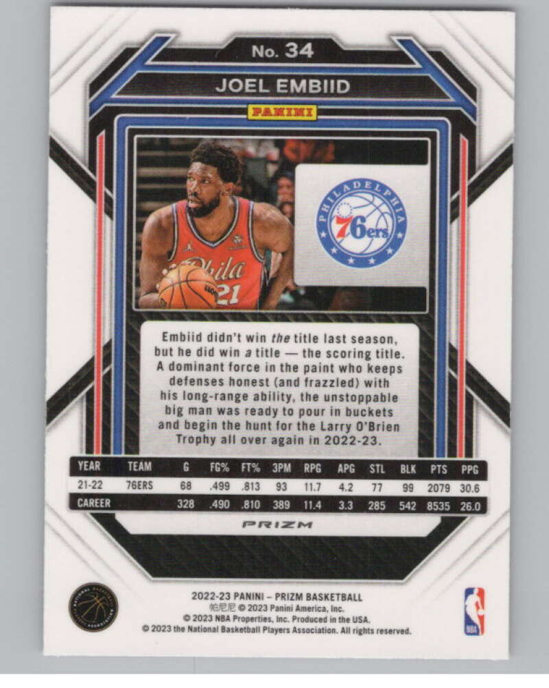 2022-23 Panini Prizm Prizms Pink Ice #34 Joel Embiid   V98311 Image 2