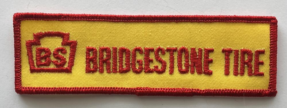 BS Bridgestone Tire Car Parts 1970's Red and Yellow Vintage Patch 6"x1.5" Image 1