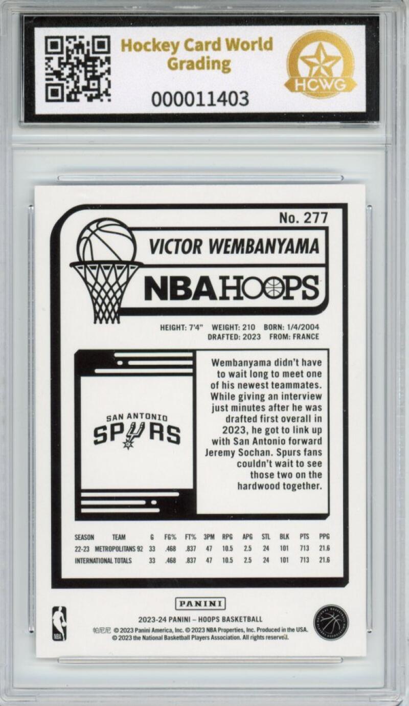 2023-24 Panini Hoops #277 Victor Wembanyama Rookie RC Graded HCWG 10 - 11403 Image 2