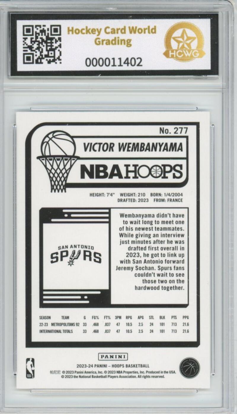 2023-24 Panini Hoops #277 Victor Wembanyama Rookie RC Graded HCWG 9 - 11402 Image 2