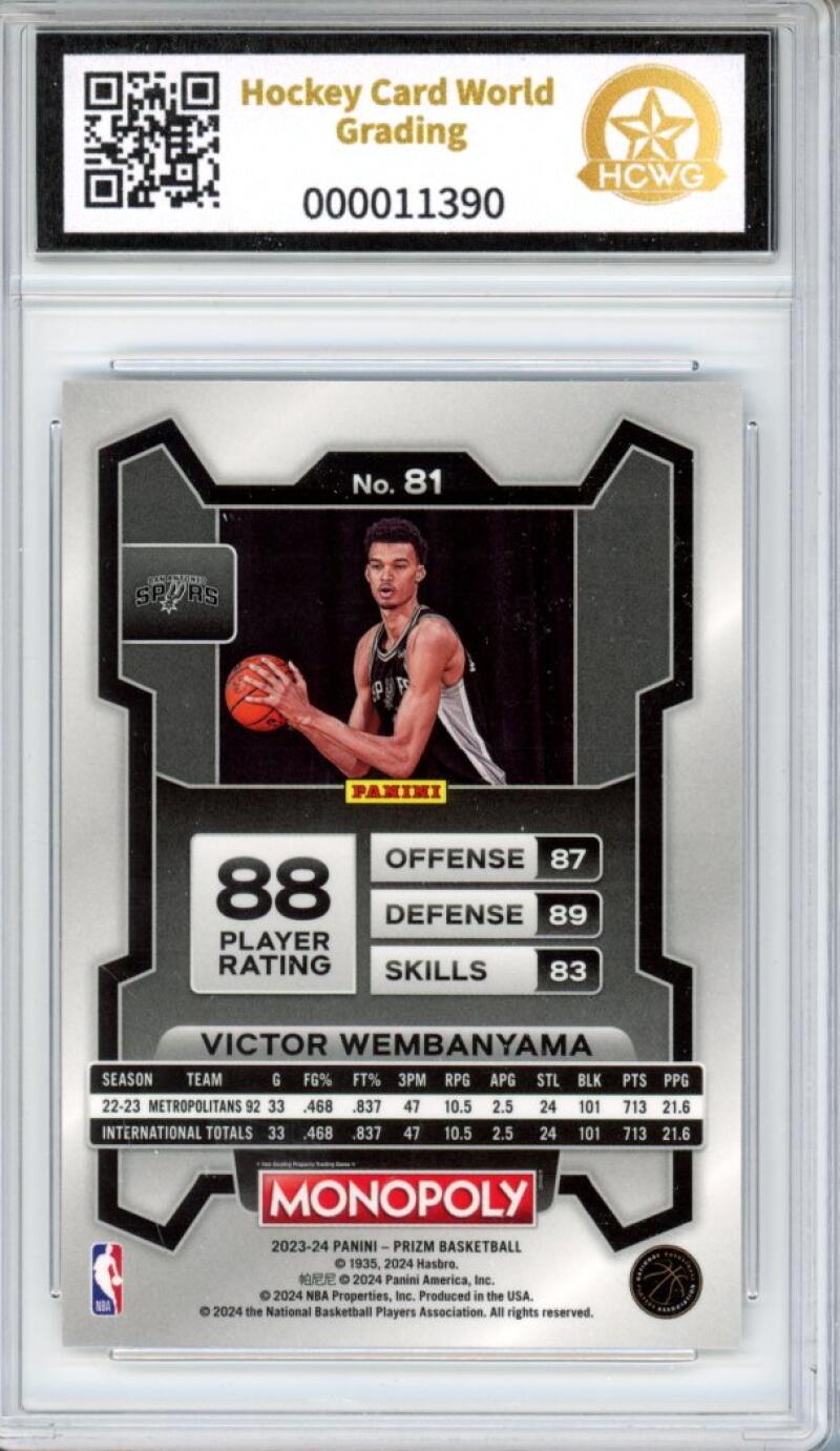 2023-24 Panini Prizm Monopoly #81 Victor Wembanyama Rookie RC Graded HCWG 8 - 11390 Image 2