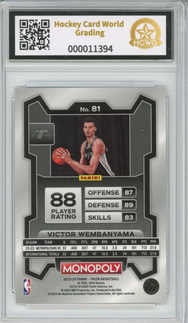 2023-24 Panini Prizm Monopoly #81 Victor Wembanyama Rookie RC Graded HCWG 8 - 11394 Image 2