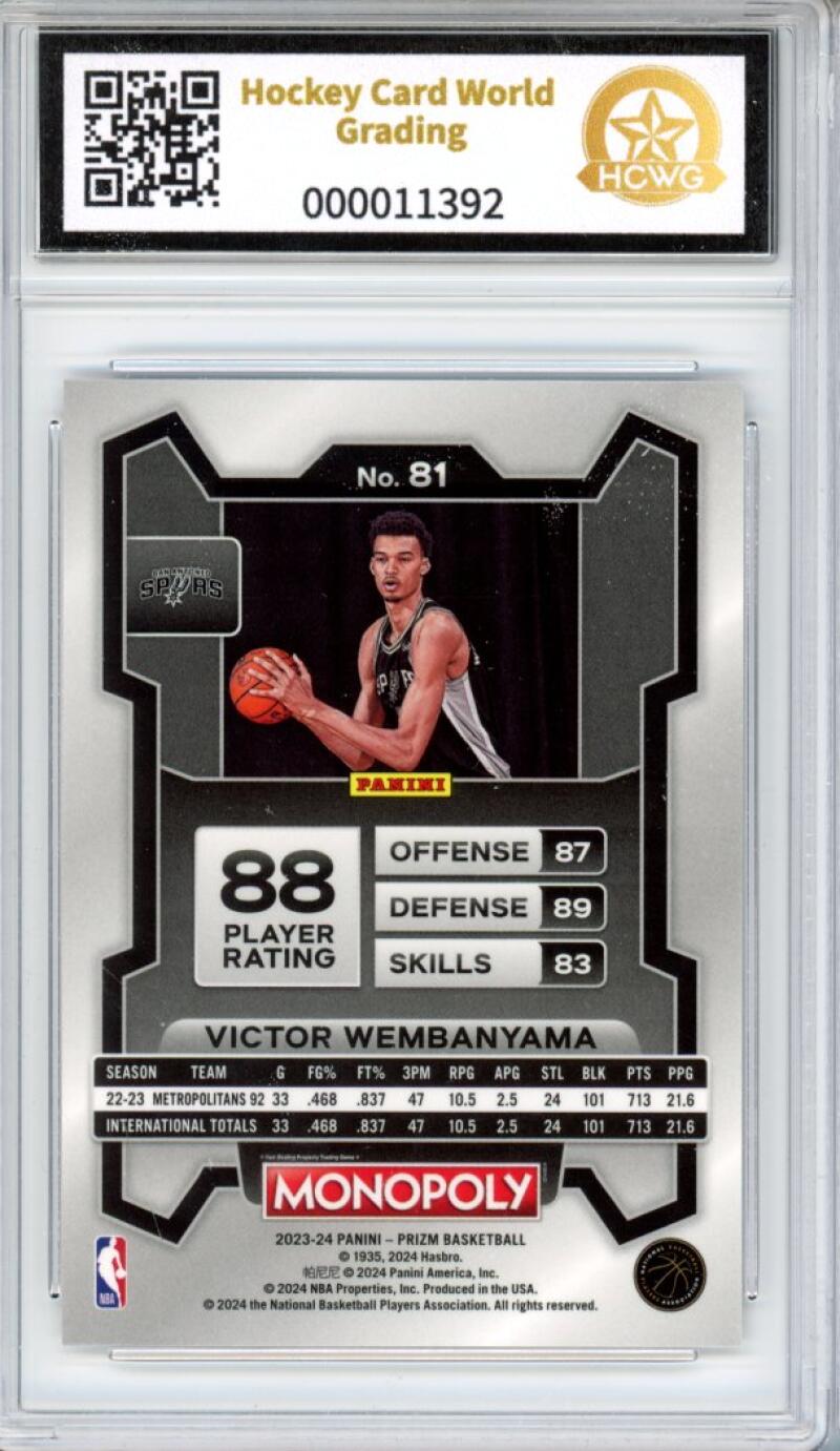 2023-24 Panini Prizm Monopoly #81 Victor Wembanyama Rookie RC Graded HCWG 9 - 11392 Image 2