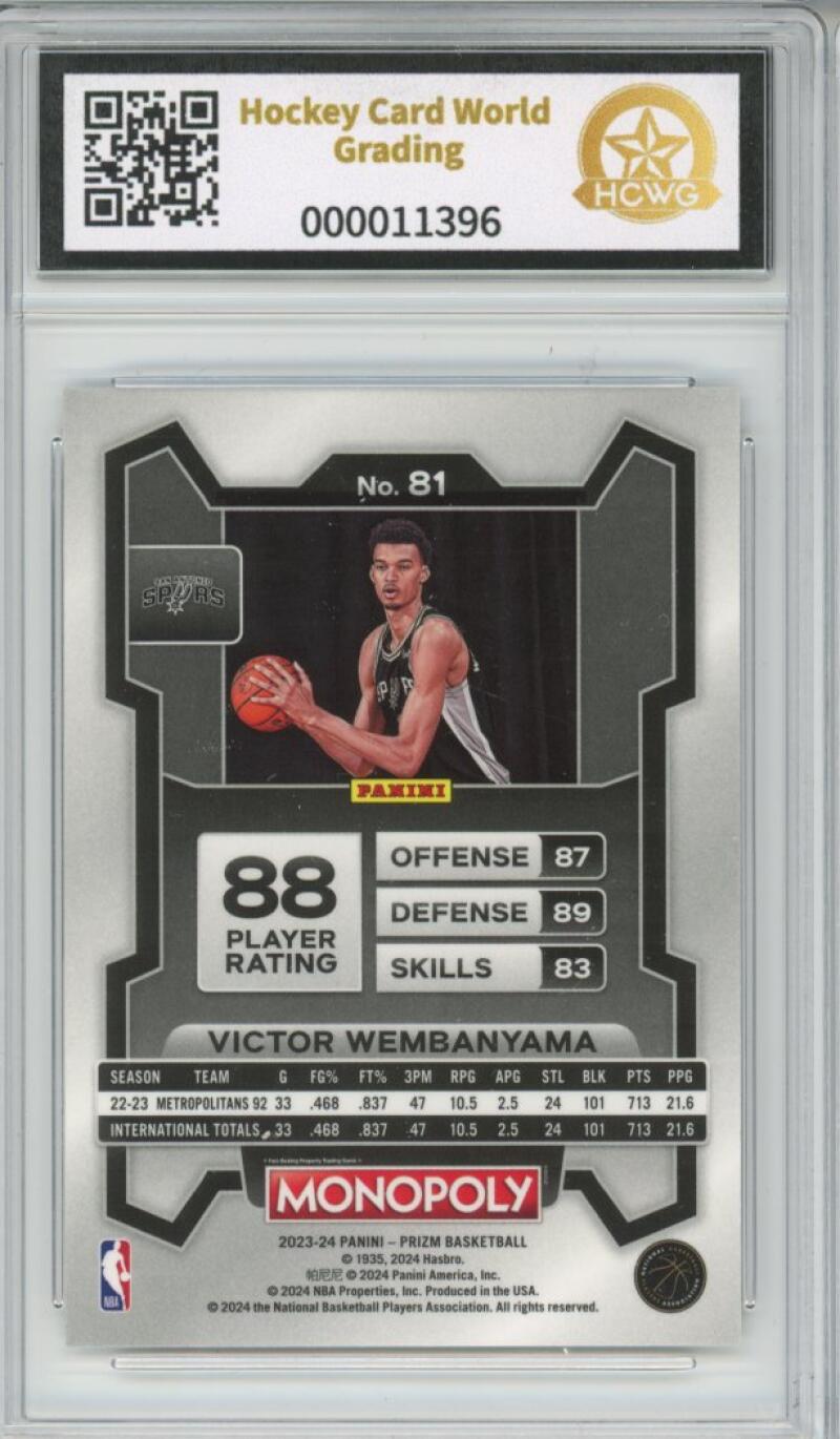 2023-24 Panini Prizm Monopoly #81 Victor Wembanyama Rookie RC Graded HCWG 9 - 11396 Image 2