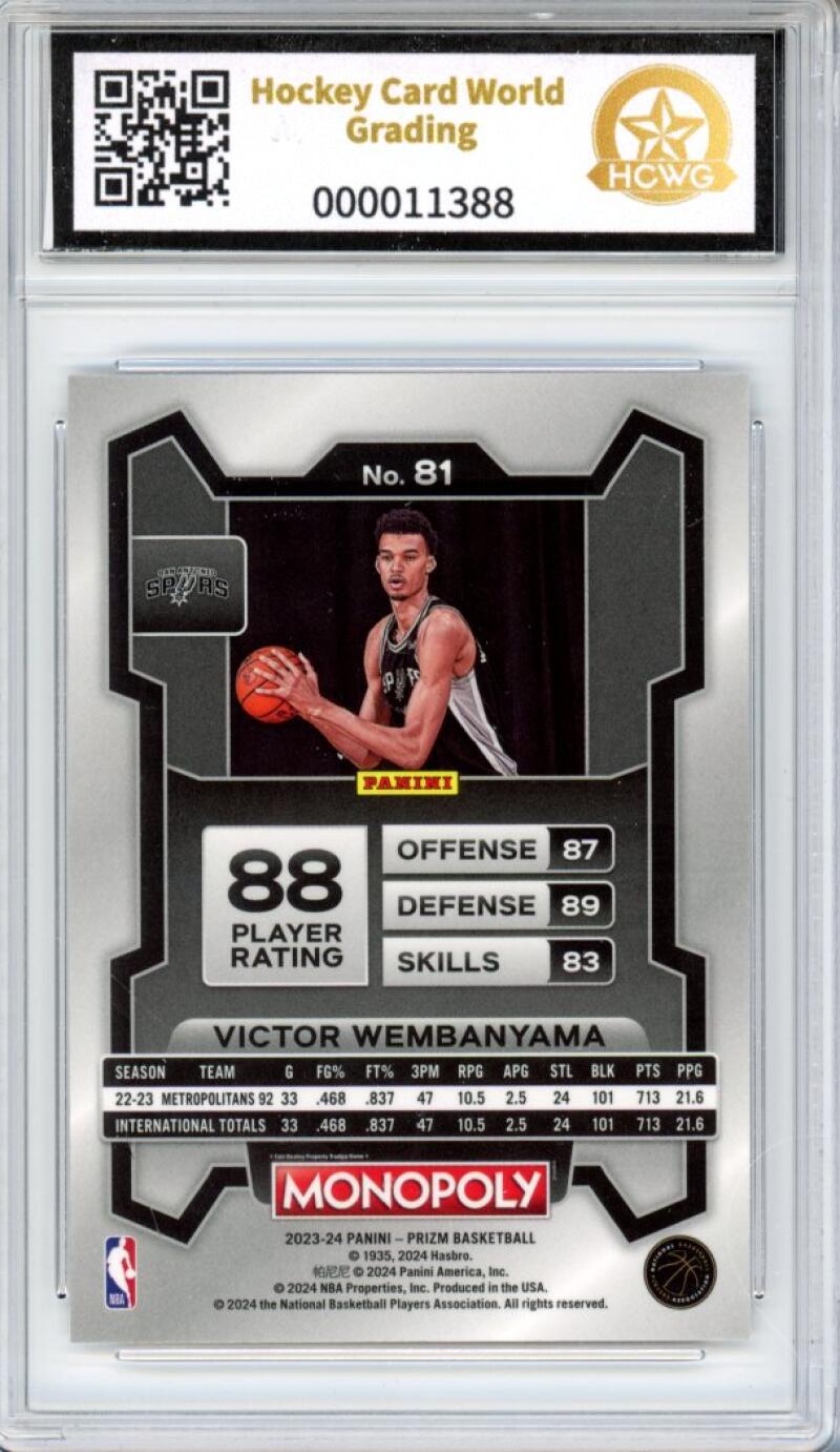 2023-24 Panini Prizm Monopoly #81 Victor Wembanyama Rookie RC Graded HCWG 9 - 11388 Image 2