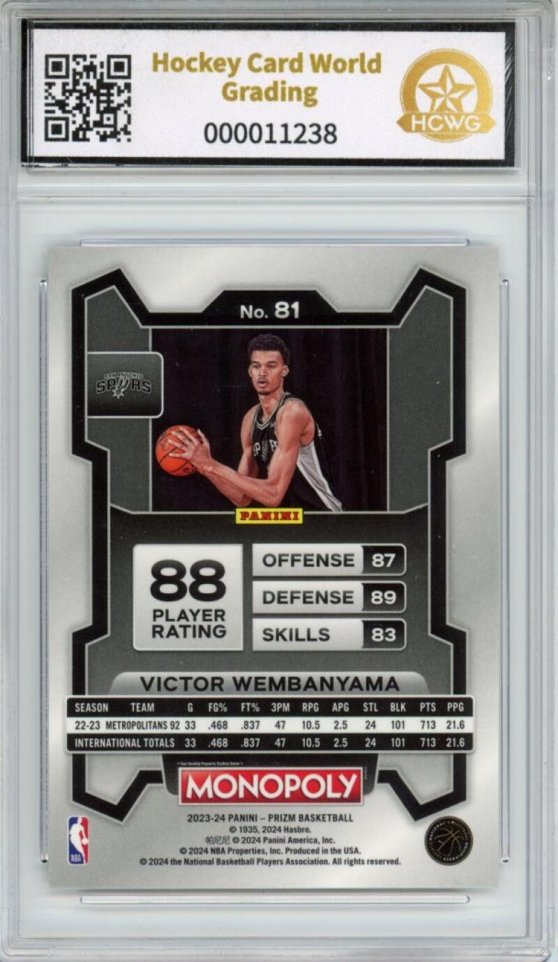 2023-24 Panini Prizm Monopoly #81 Victor Wembanyama Rookie RC Graded HCWG 9 - 11238 Image 2