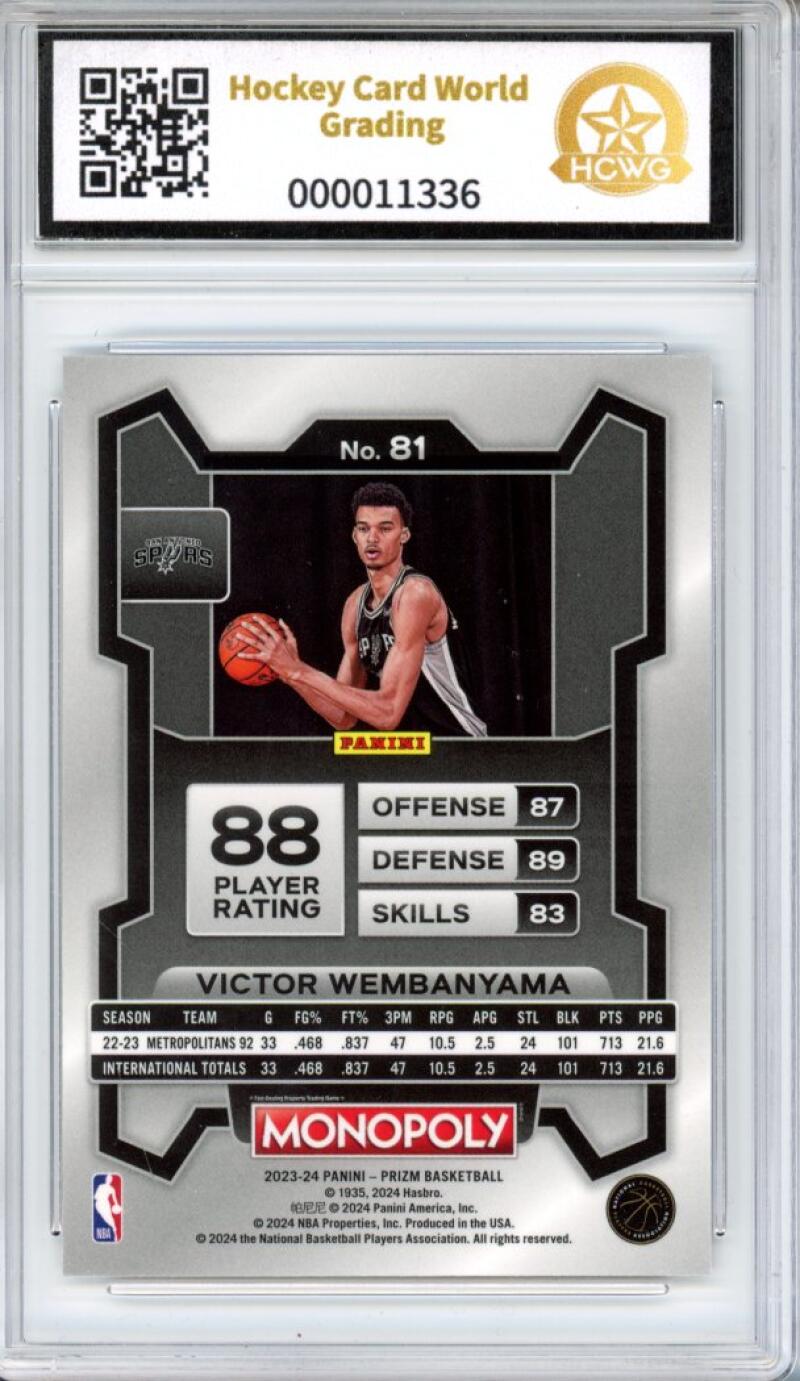 2023-24 Panini Prizm Monopoly #81 Victor Wembanyama Rookie RC Graded HCWG 9 - 11386 Image 2