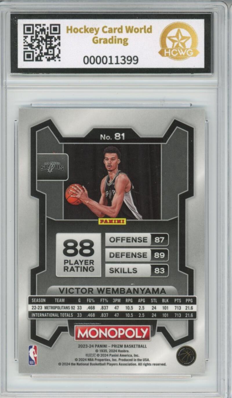 2023-24 Panini Prizm Monopoly #81 Victor Wembanyama Rookie RC Graded HCWG 10 - 11399 Image 2