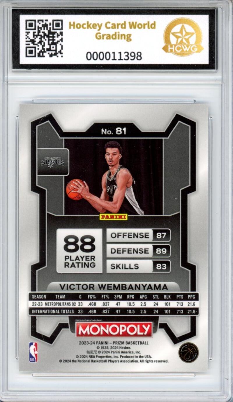 2023-24 Panini Prizm Monopoly #81 Victor Wembanyama Rookie RC Graded HCWG 10 - 11398 Image 2