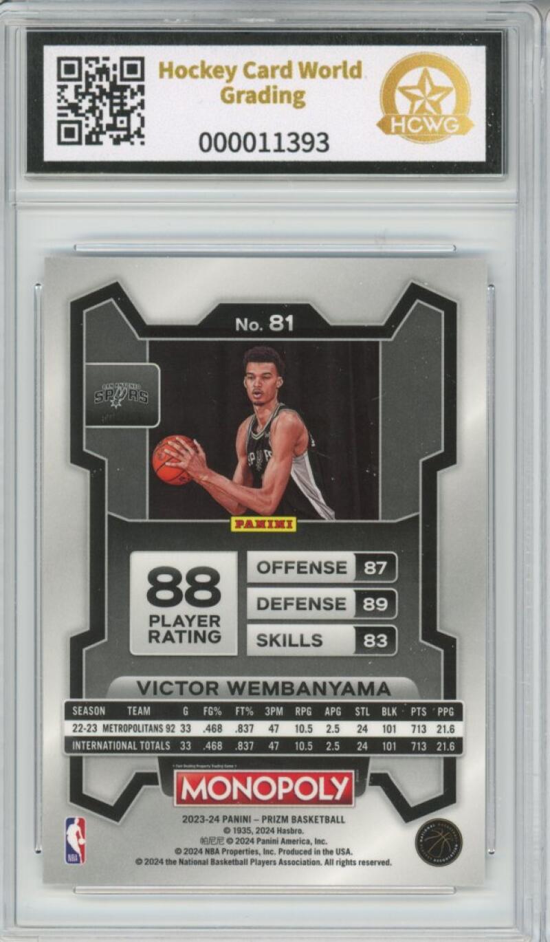 2023-24 Panini Prizm Monopoly #81 Victor Wembanyama Rookie RC Graded HCWG 10 - 11393 Image 2