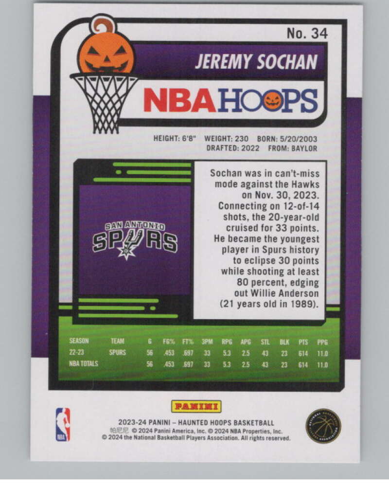 2023-24 Panini Haunted Hoops #34 Jeremy Sochan V98413 Image 2