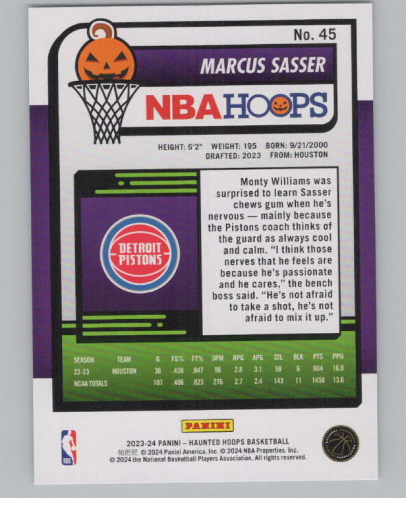 2023-24 Panini Haunted Hoops #45 Marcus Sasser RC V98420 Image 2