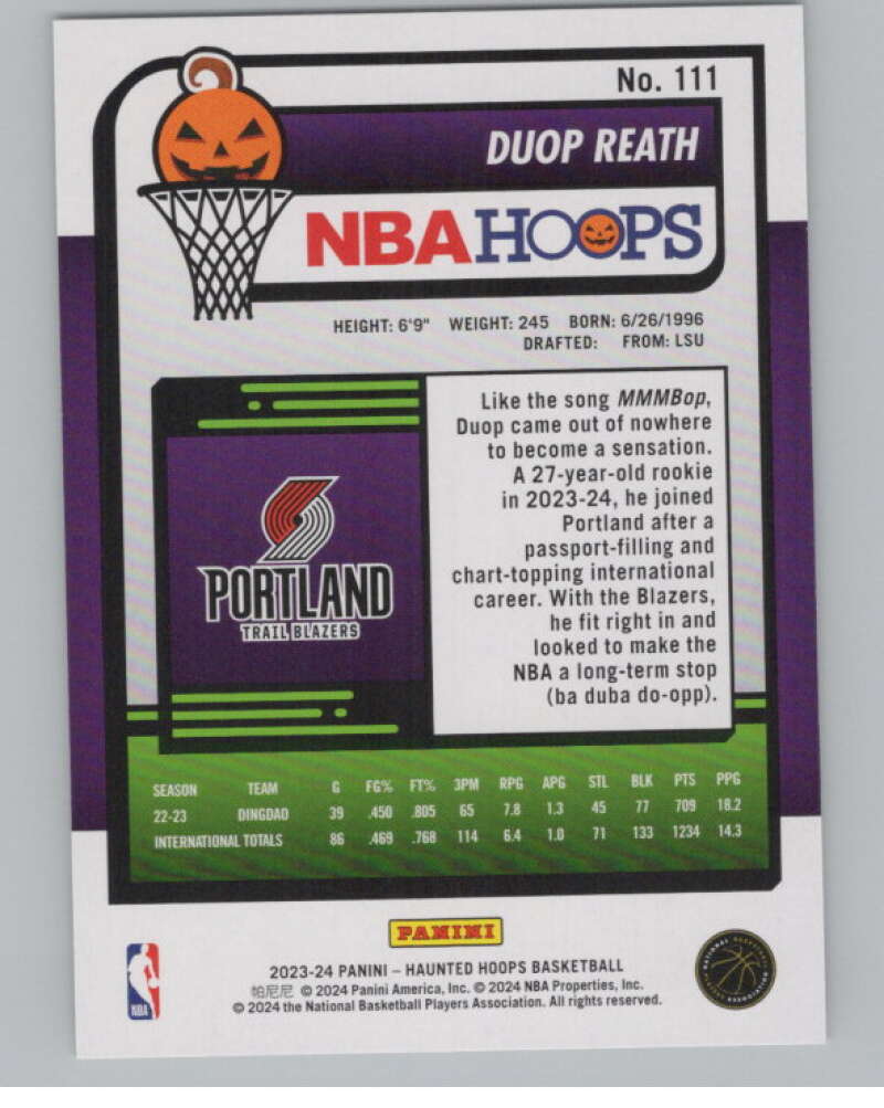 2023-24 Panini Haunted Hoops #111 Duop Reath RC V98461 Image 2