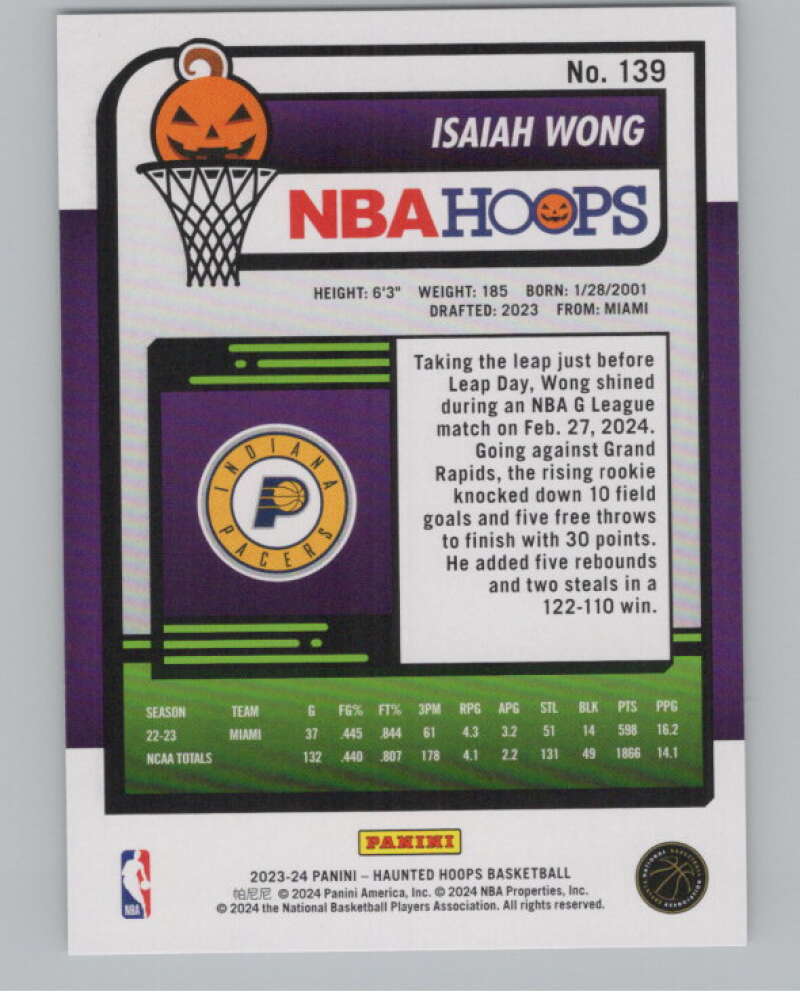 2023-24 Panini Haunted Hoops #139 Isaiah Wong RC V98481 Image 2