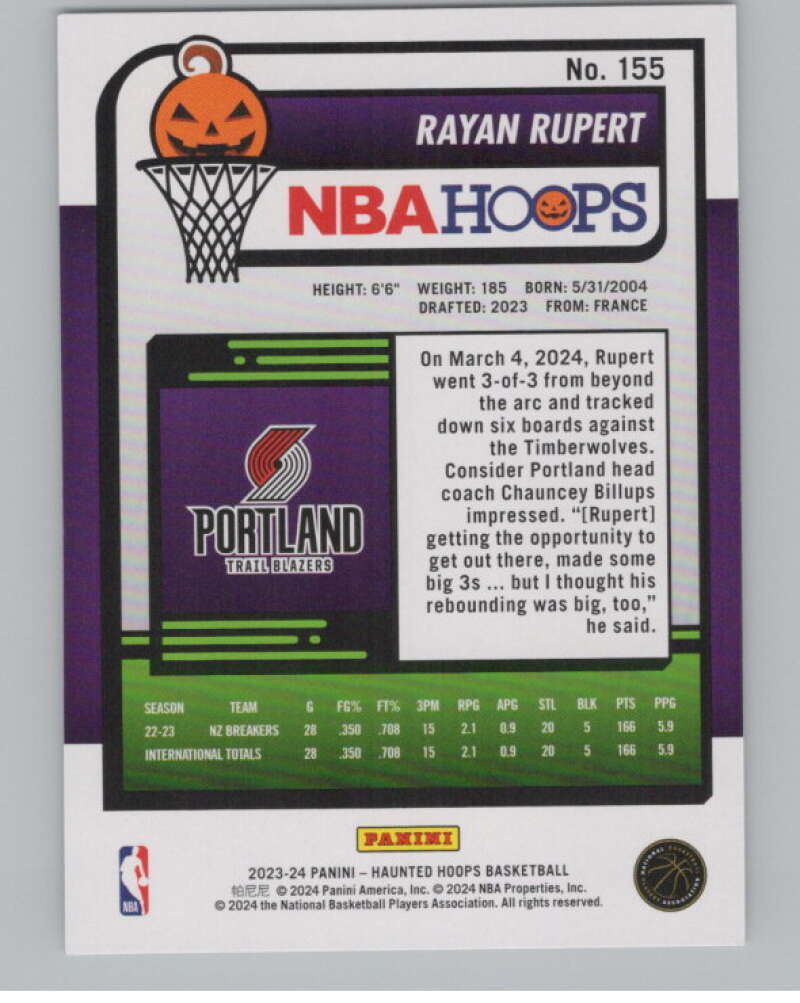 2023-24 Panini Haunted Hoops #155 Rayan Rupert RC V98492 Image 2