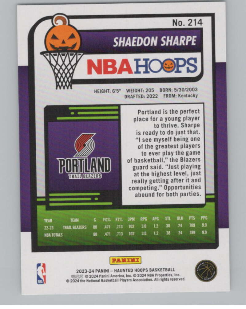 2023-24 Panini Haunted Hoops #214 Shaedon Sharpe V98524 Image 2