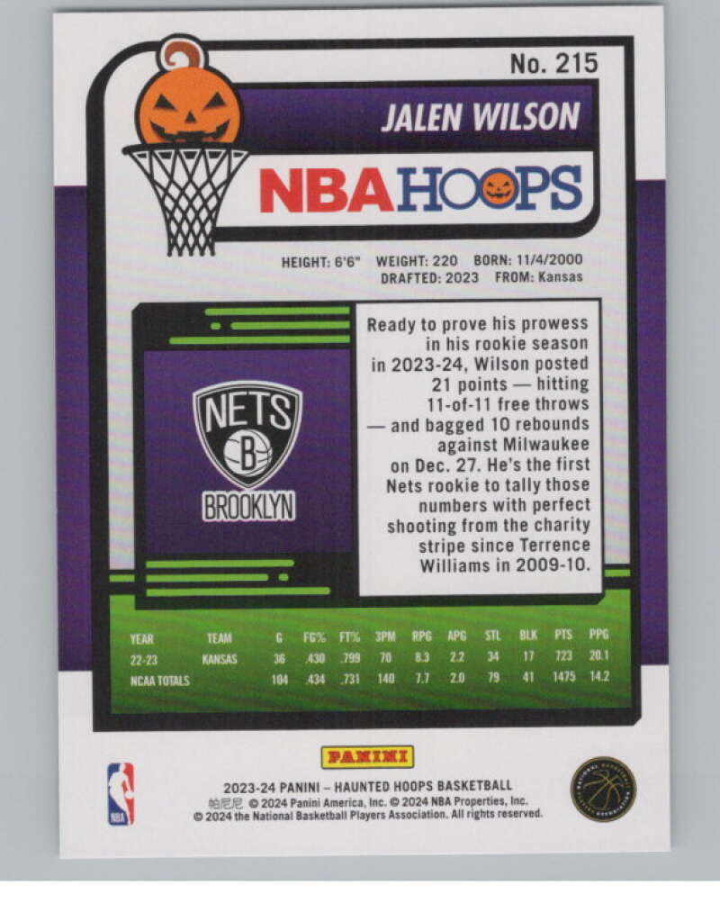 2023-24 Panini Haunted Hoops #215 Jalen Wilson RC V98526 Image 2