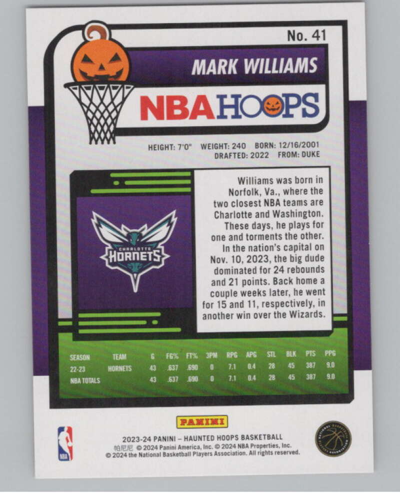 2023-24 Panini Haunted Hoops Orange #41 Mark Williams V98581 Image 2