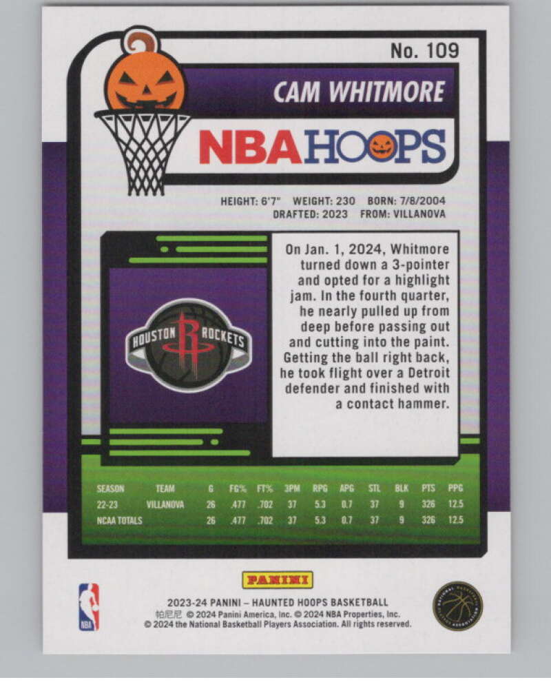 2023-24 Panini Haunted Hoops Orange #109 Cam Whitmore V98599 Image 2