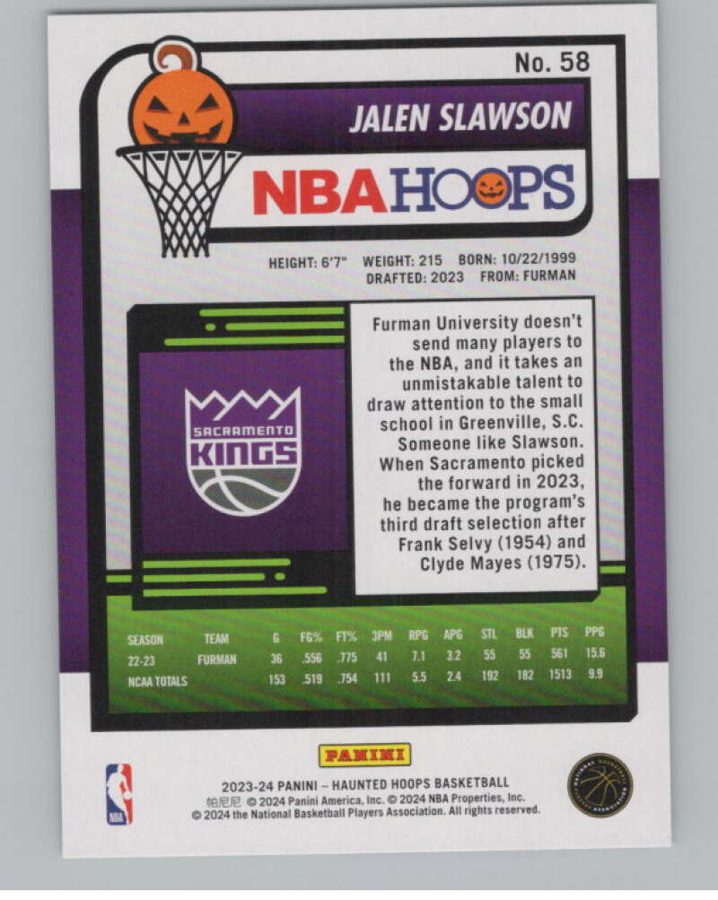 2023-24 Hoops Haunted Hoops Slime #58 Jalen Slawson V98639 Image 2
