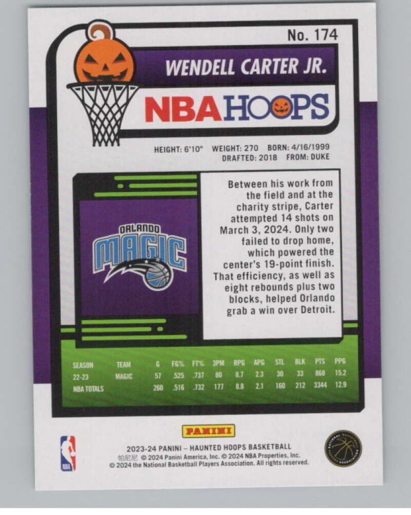 2023-24 Hoops Haunted Hoops Slime #174 Wendell Carter Jr. V98649 Image 2