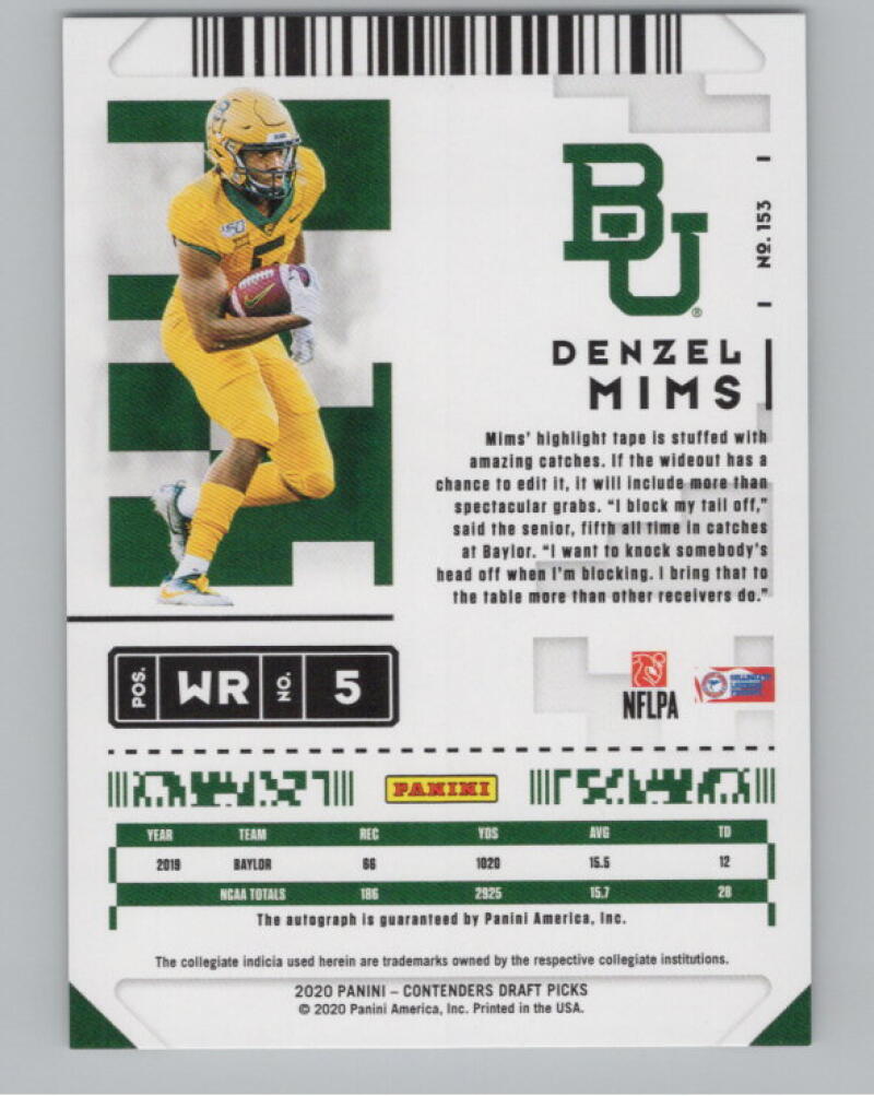 2020 Contenders Draft Picks Ticket Blue Foil #153 Denzel Mims RC Auto V98662 Image 2