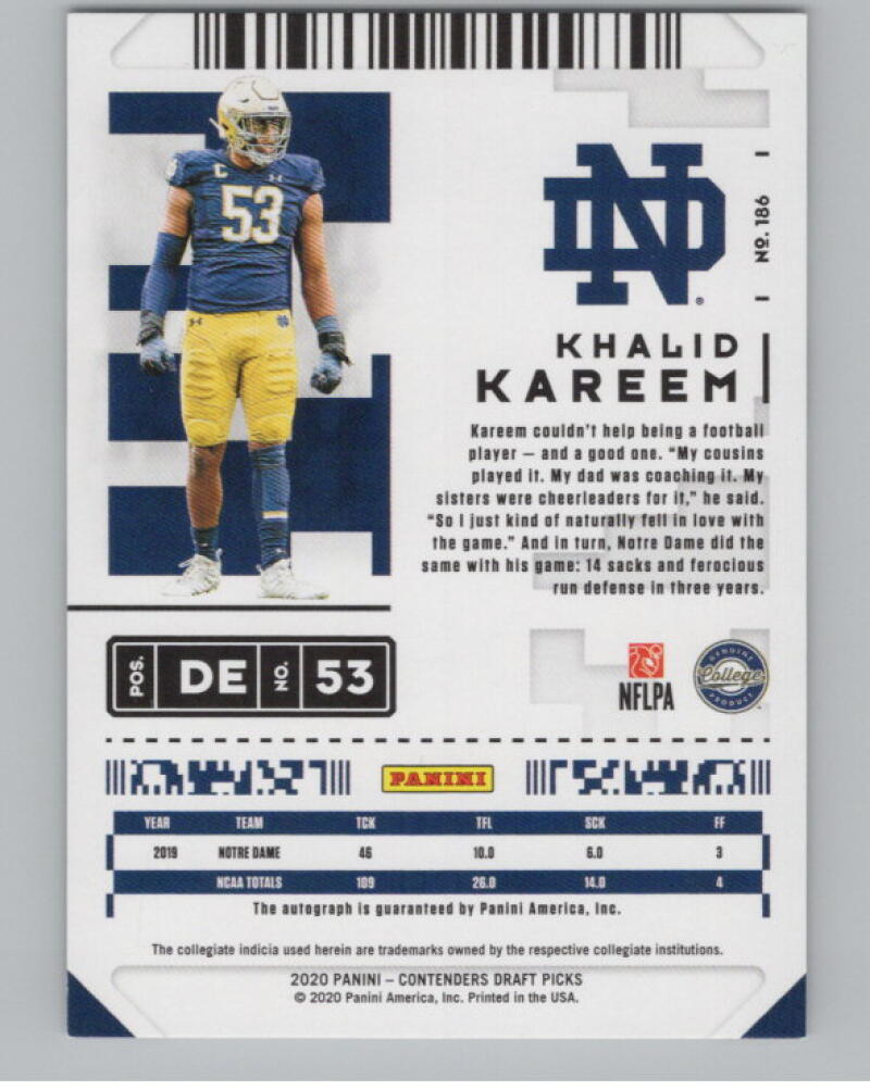 2020 Contenders Draft Picks Ticket #186 Khalid Kareem RC Auto V98664 Image 2