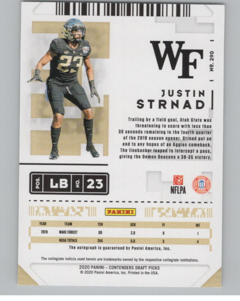 2020 Contenders Draft Picks Ticket #290 Justin Strnad RC Auto V98665 Image 2