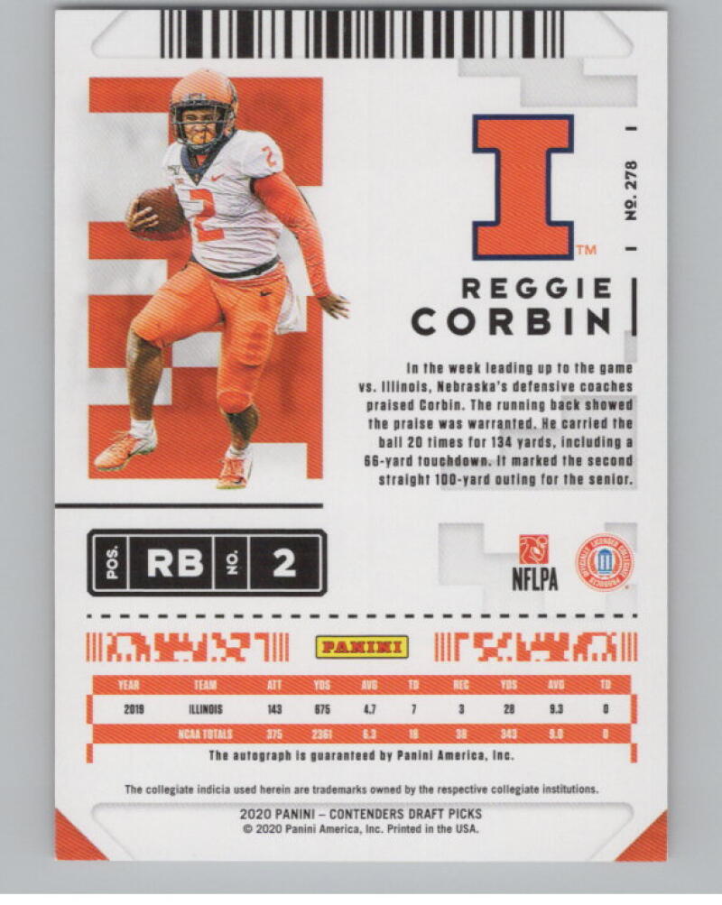 2020 Contenders Draft Picks Ticket #278 Reggie Corbin RC Auto Football V98669 Image 2