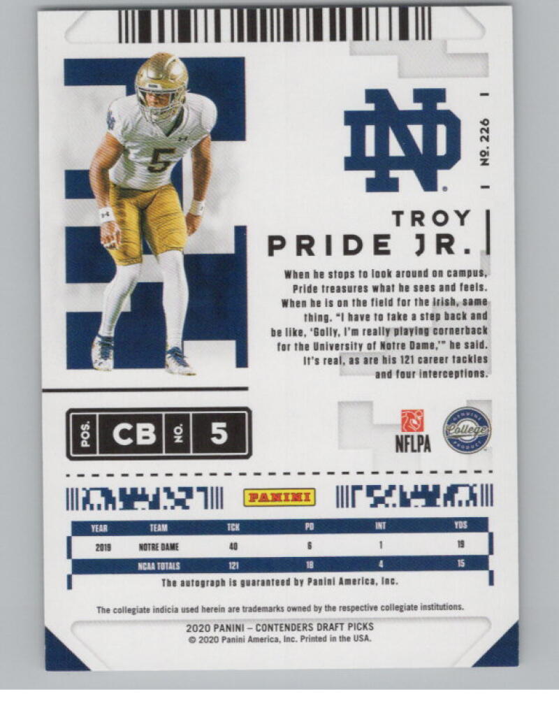 2020 Contenders Draft Picks Ticket #226 Troy Pride Jr. RC Auto Football V98670 Image 2