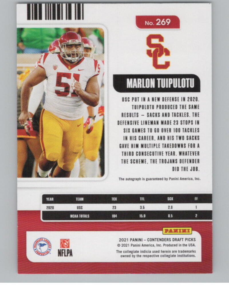 2021 Panini Contenders Draft Picks #269 Marlon Tuipulotu Rookie Auto V98678 Image 2